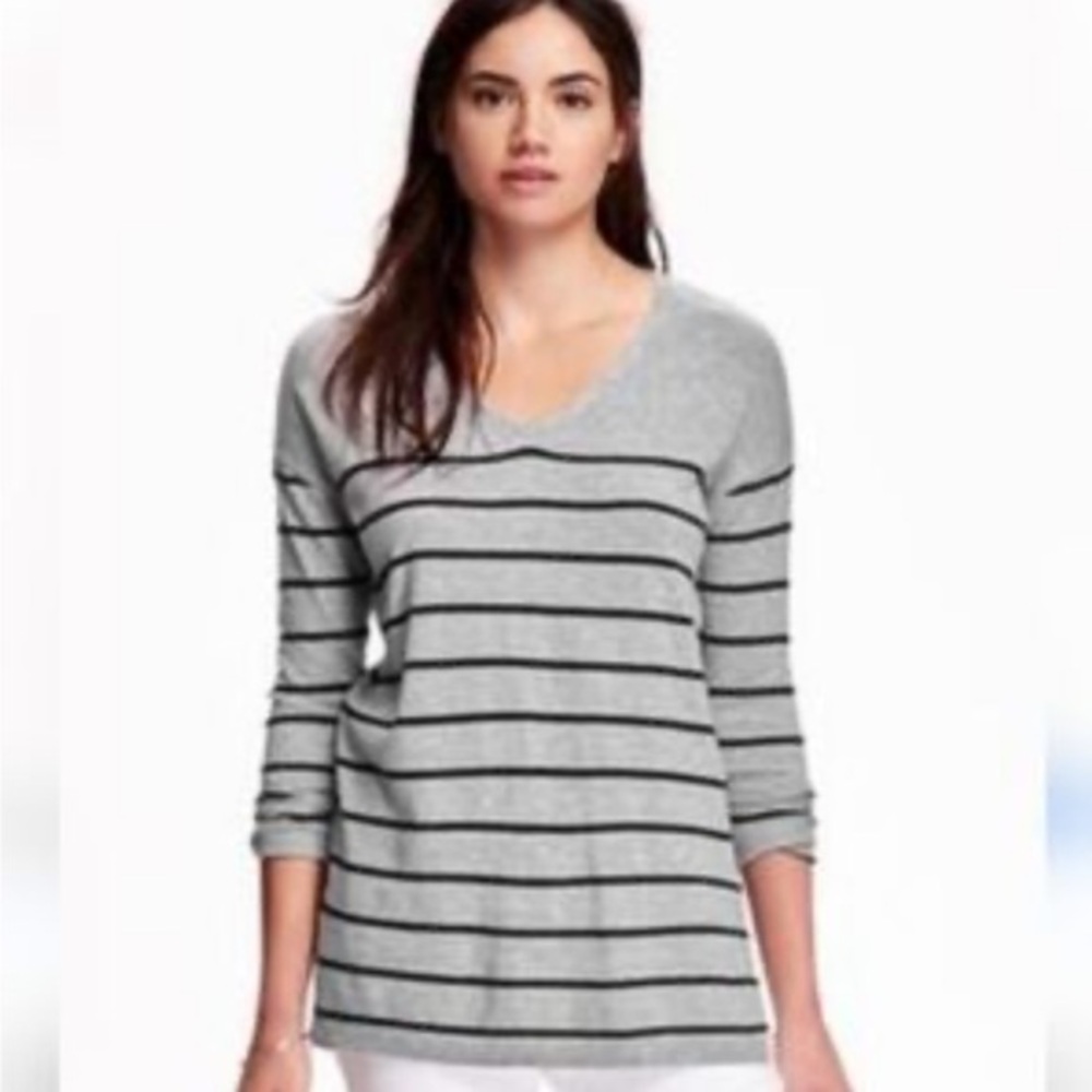Old Navy V-Neck‎ Coastal Sweater Taupe and Black Stripes Size Small